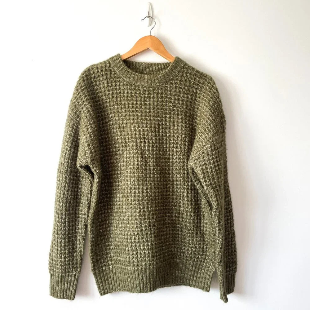 Zara Wool Alpaca Waffle Knit Crew Sweater Green Size XL